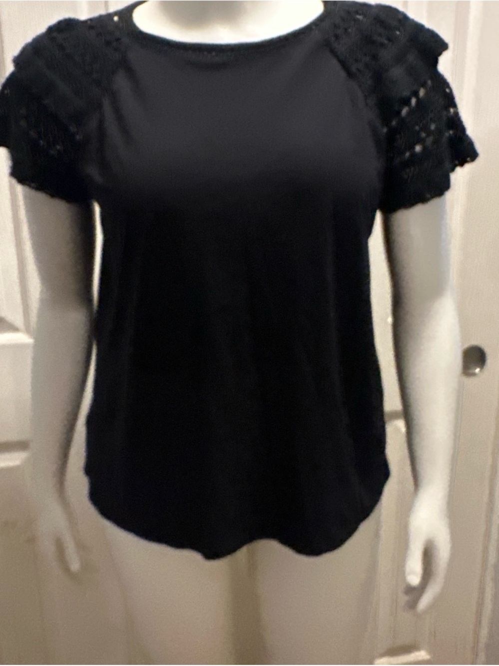 LOFT Black Short Sleeve Knit Top with Lace Sleeves